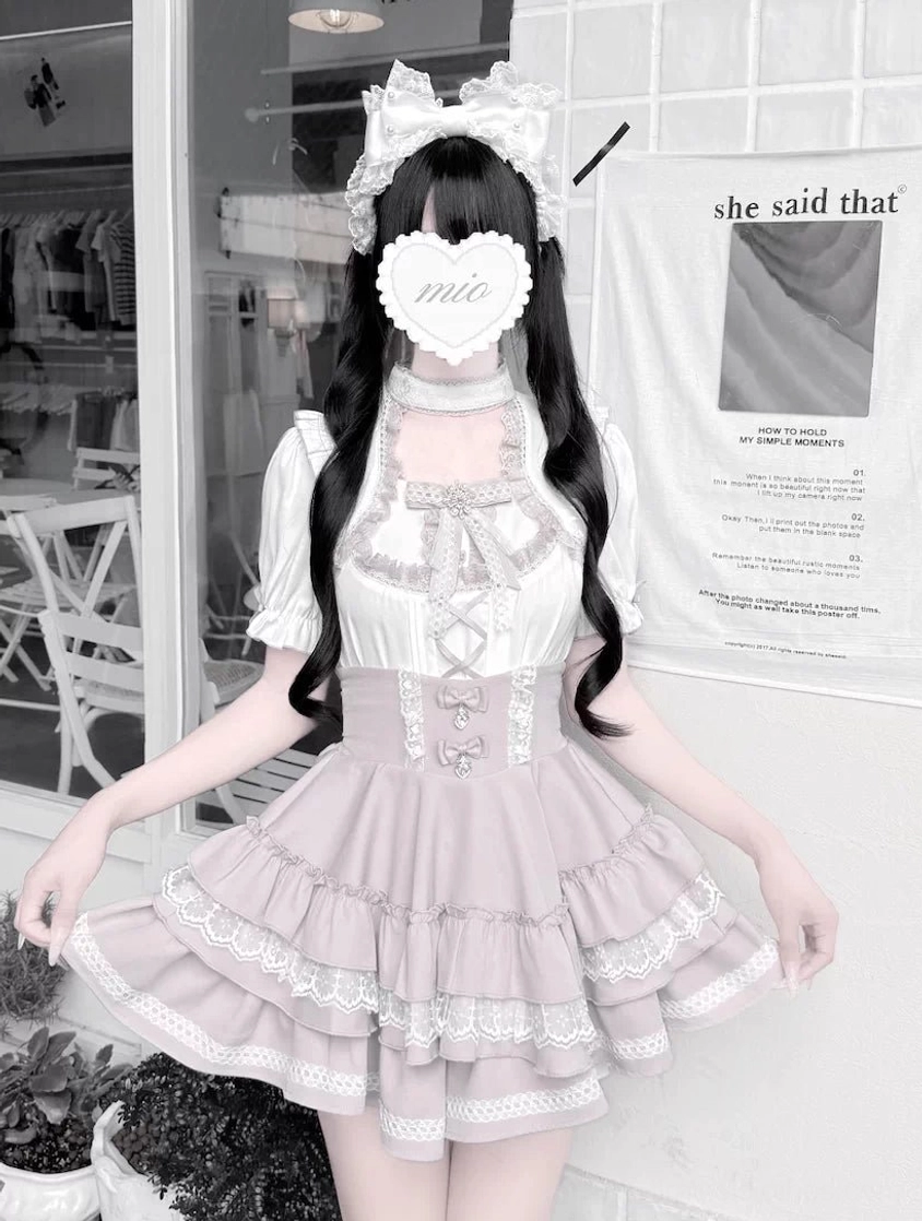 White and pink Jirai Kei blouse with bow tie and choker packaging and product presentation for pre-order