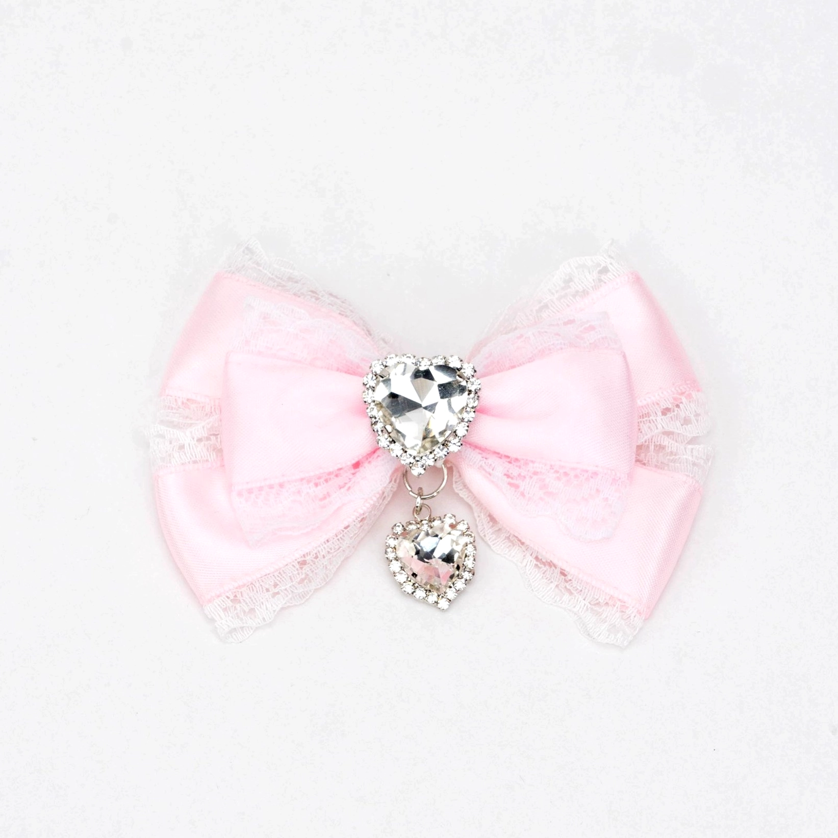 white and pink jirai kei bow hair clip pink satin with white lace heart rhinestone charm dangling pendant