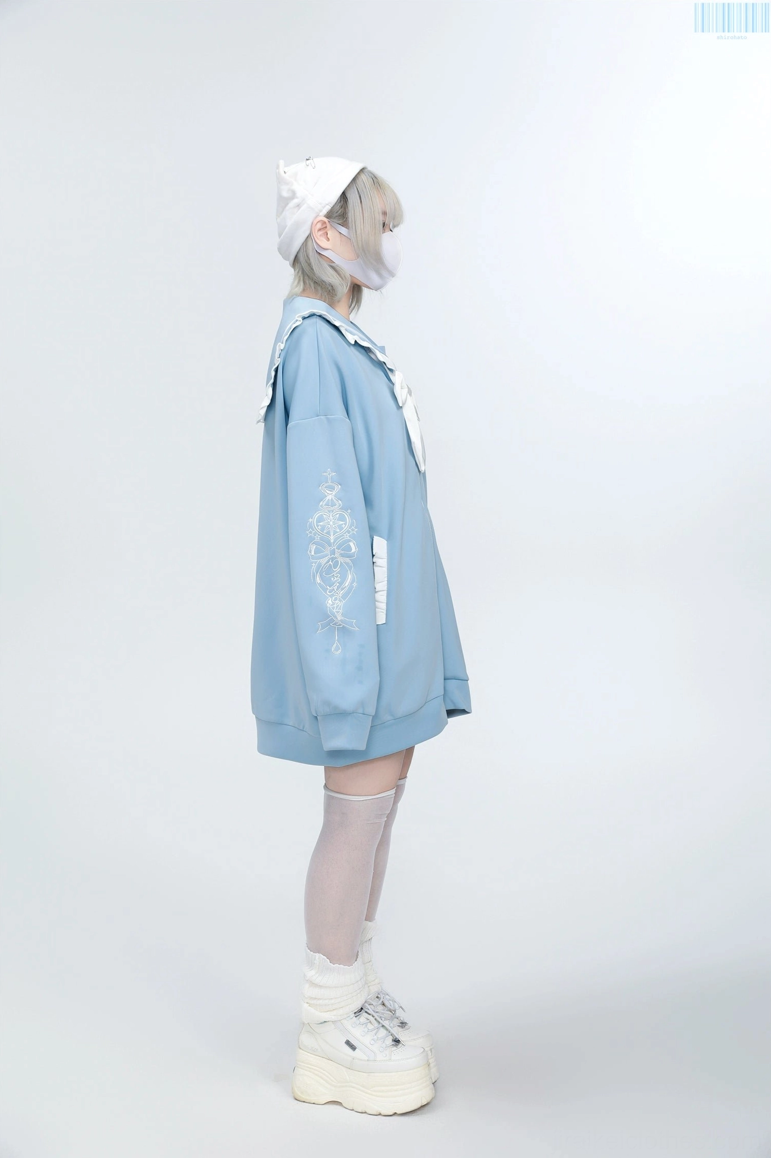 White-pink Jirai Kei sailor jacket with pink embroidery details, sailor collar construction and frills design element