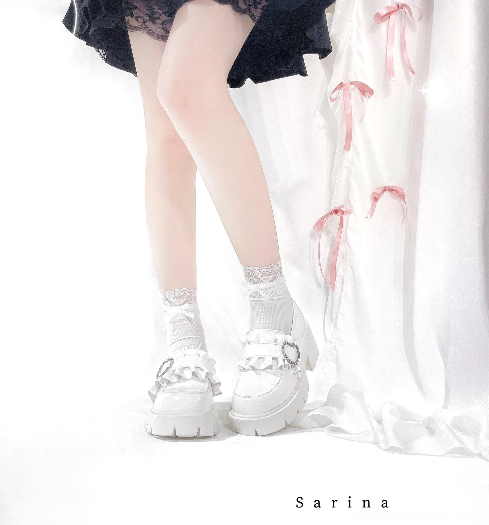 White chunky platform loafers worn with frilly white socks and black skirt full lower leg view romantic pink bedroom with ribbons Jirai Kei aesthetic