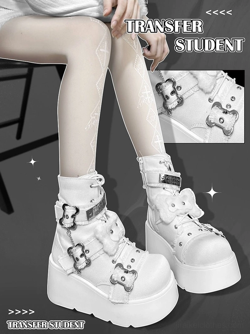 White platform Martin boots showing fluffy white bone trim accents, metal hardware placement, chunky platform height comparison - subculture footwear