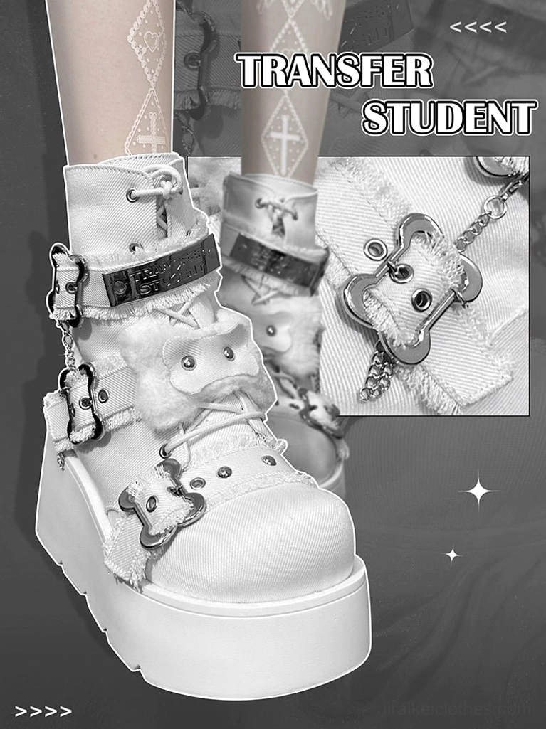 White platform Martin boots with fluffy white decorations showing heel gradient from front to back, platform thickness, metal straps - Y2K fashion