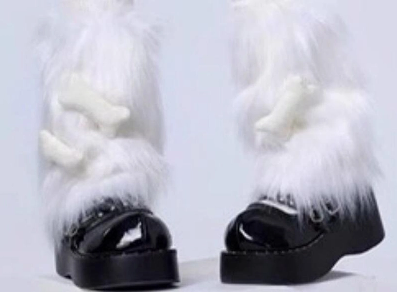 White plush leg warmers Y2K fashion single option Jirai Kei bone accents alternative styling punk aesthetic piece