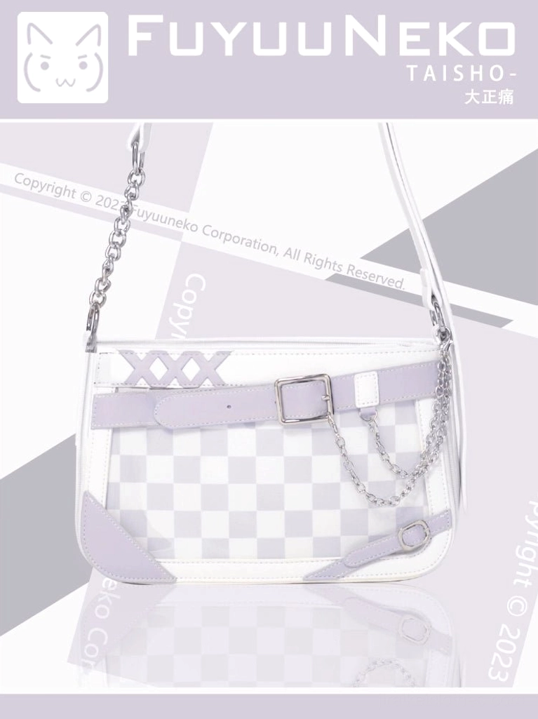 White and purple Jirai Kei ita bag showing elegant color coordination with complementary anime badge selection