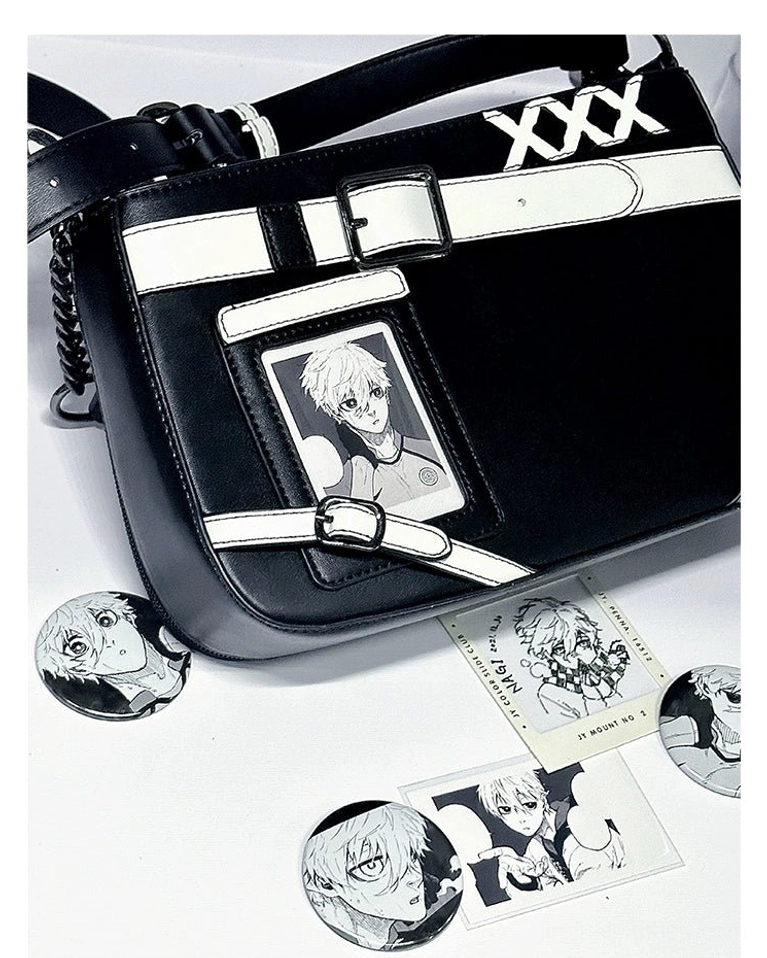 White and purple Jirai Kei ita bag on display showing vibrant color coordination with anime character patches