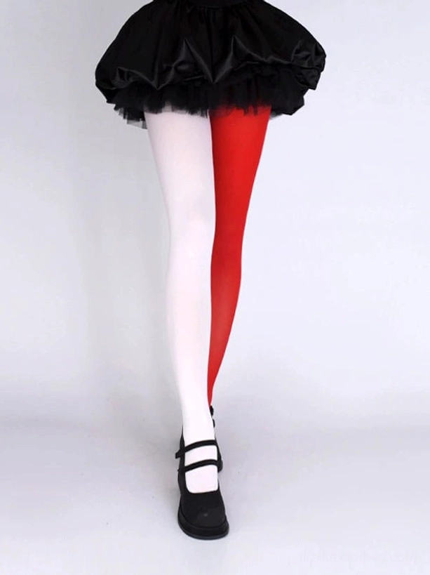 White and red high contrast split color design velvet pantyhose with black ruffle skirt mary jane shoes
