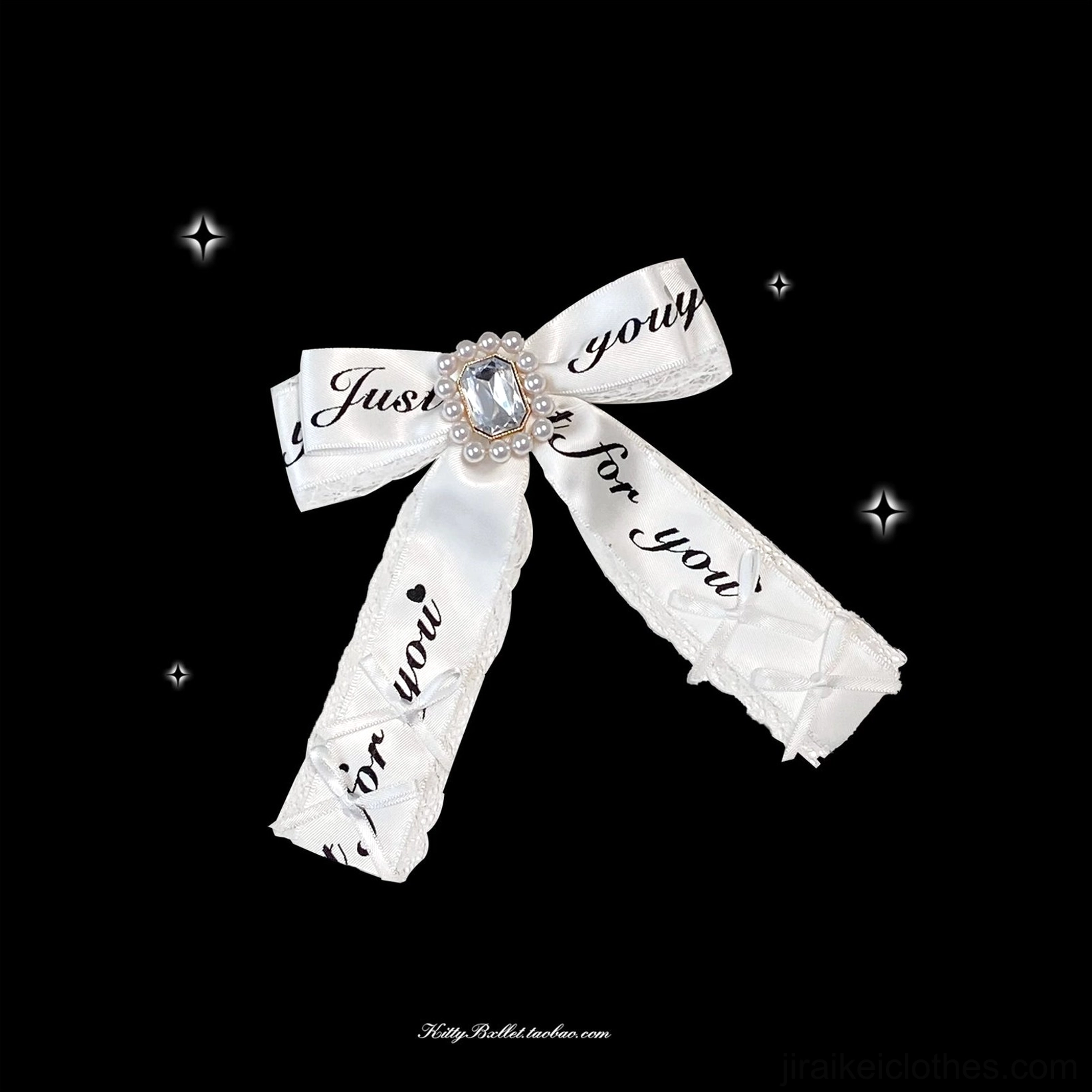 white ribbon bow brooch jirai kei satin lace trim gemstone center cute print