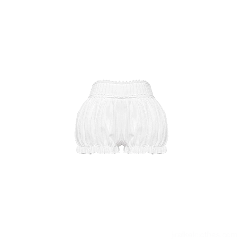 Flat lay front shot of white ruffled bloomer safety shorts with ruched fabric ruffled waist and leg openings