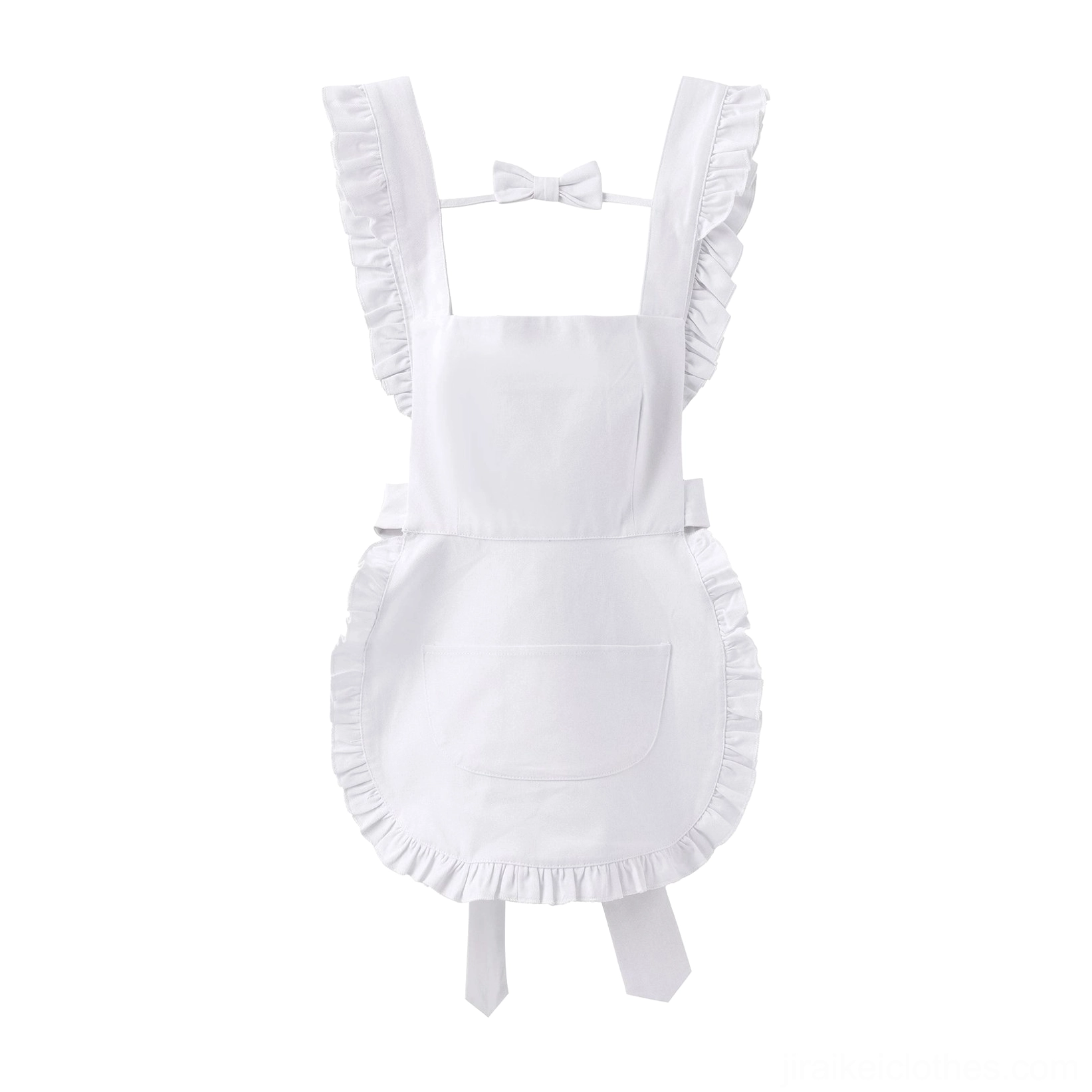 White ruffled maid apron with bowknot decoration and front pocket detail, flat lay product photography, Jersey Maid essential accessory piece, pure product view