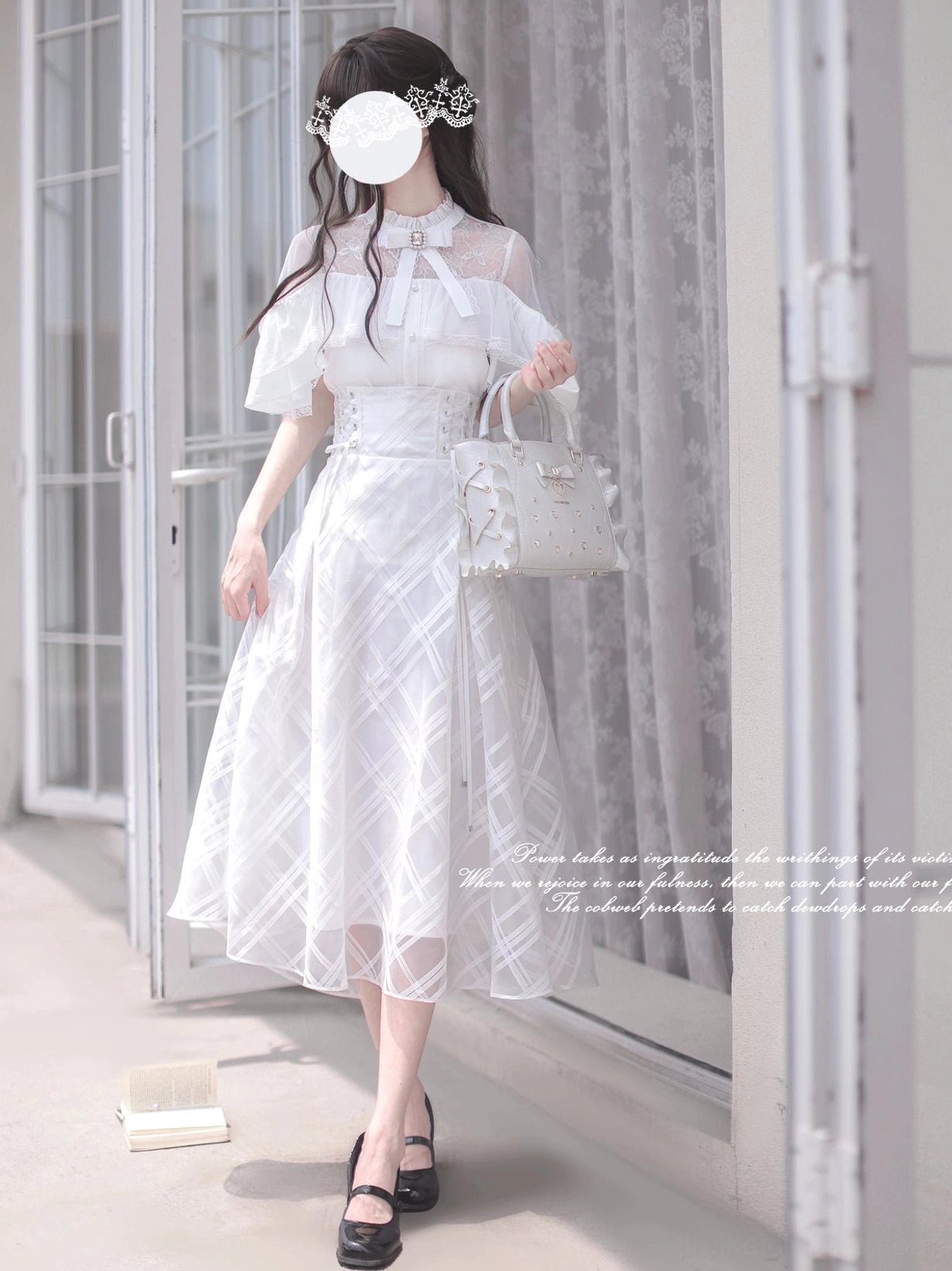 White Ryousangata cape dress set front three-quarter view vintage French-style indoor setting romantic Jirai Kei two-piece ensemble