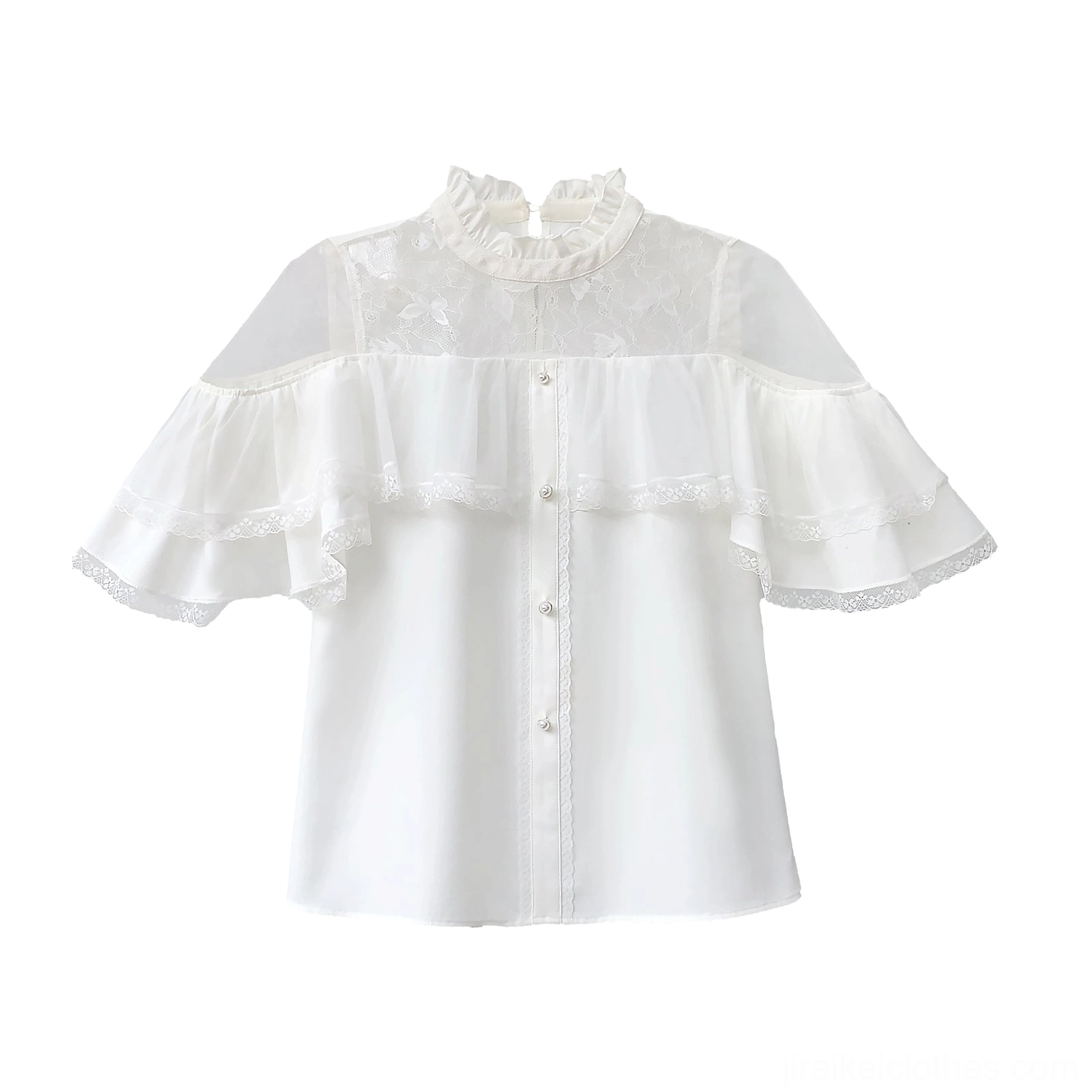 White Ryousangata cape top standalone transparent lace sleeves front button detail back-neck adjuster romantic Jirai Kei blouse