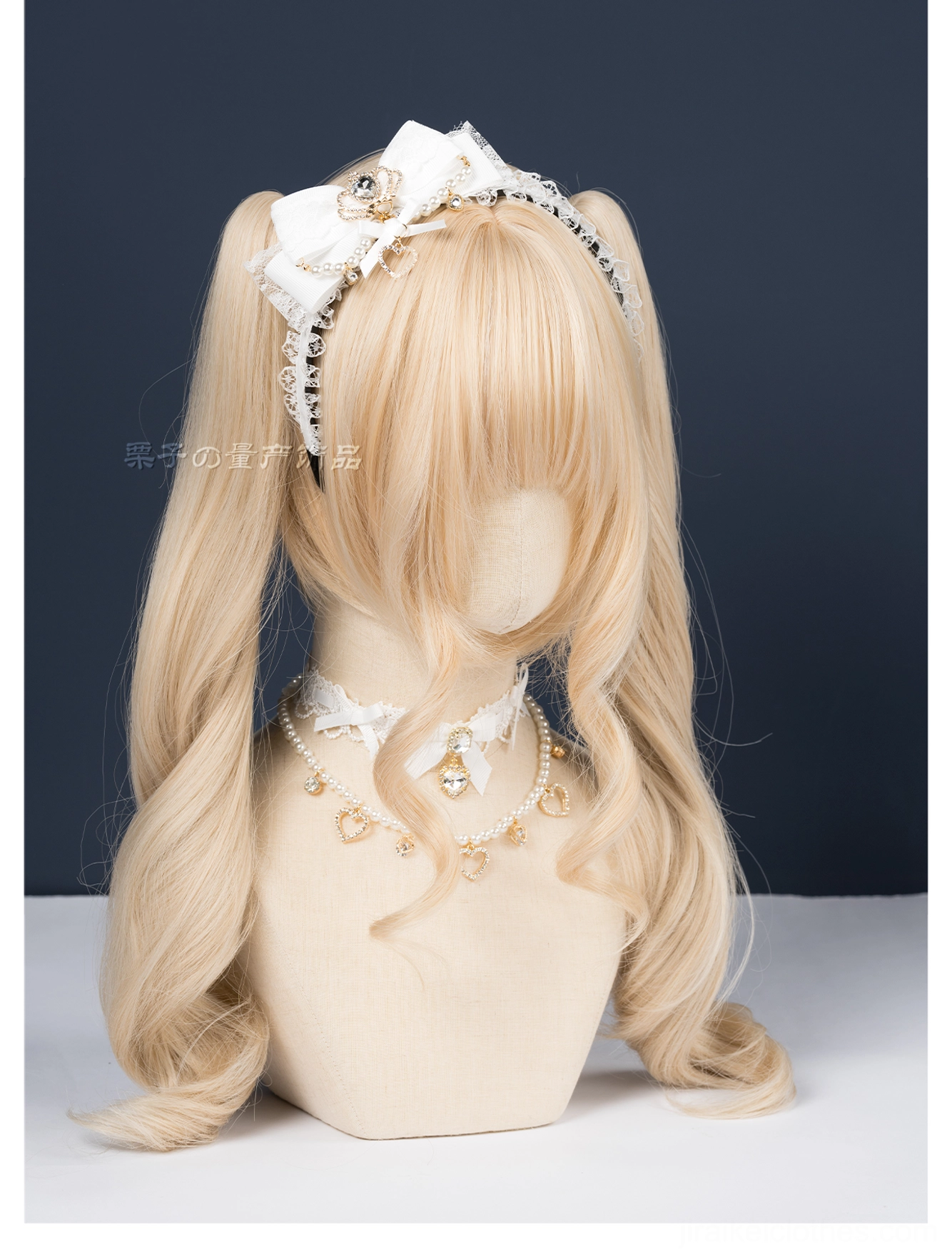 White ryousangata lace bow headband front mannequin view dark backdrop matching white rhinestone choker necklace
