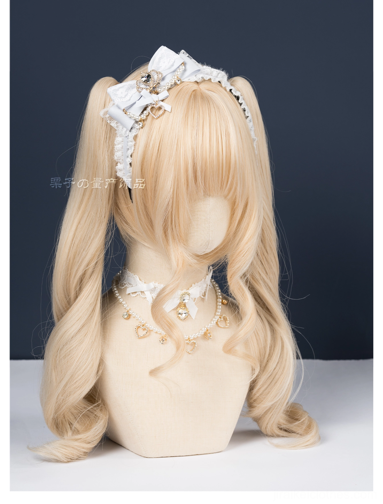 White ryousangata lace bow headband three-quarter view mannequin delicate bow design dark studio backdrop jirai kei