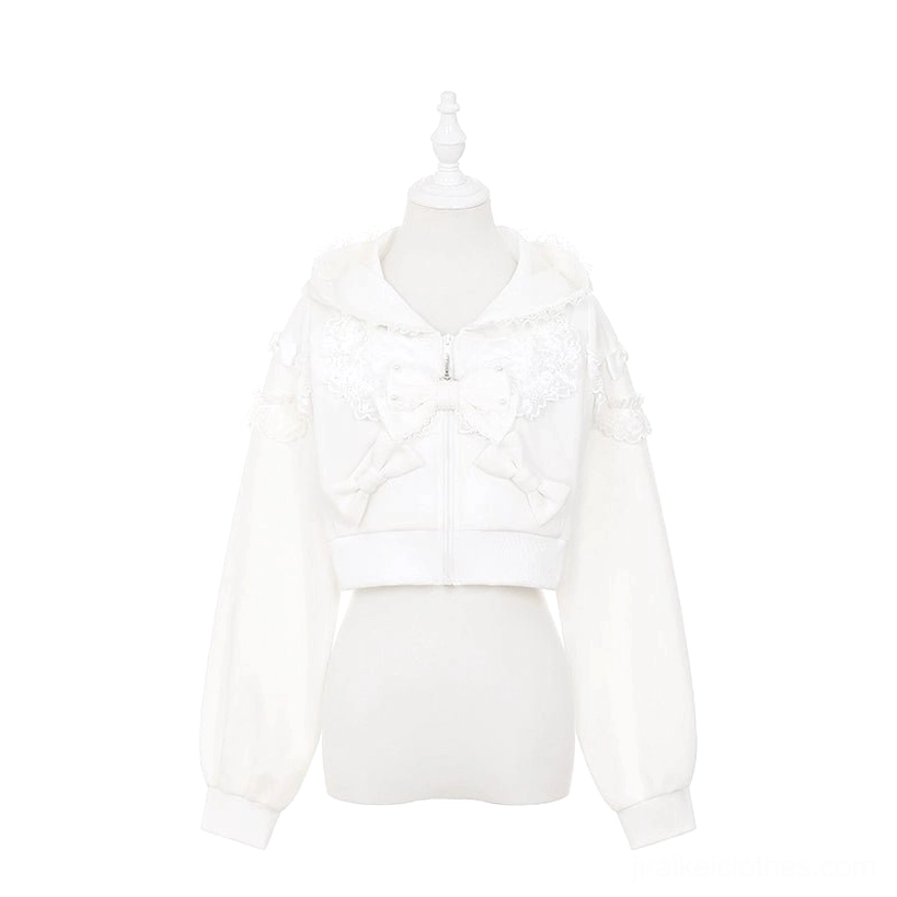 White ryousangata zip hoodie with delicate lace details and bow zipper pendant, professional product photography