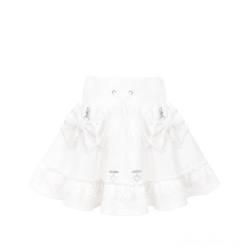 White ryousangata pleated skirt with elastic waist and lace trim, jirai kei street fashion style product display