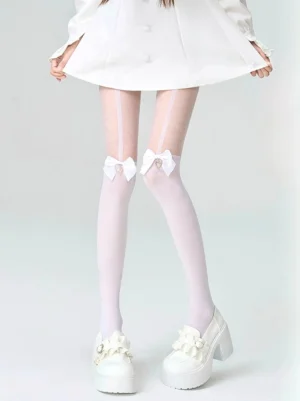 White ryousangata velvet thigh-high stockings with detachable heart satin bow, studio front full leg view showcasing sweet jirai kei aesthetic