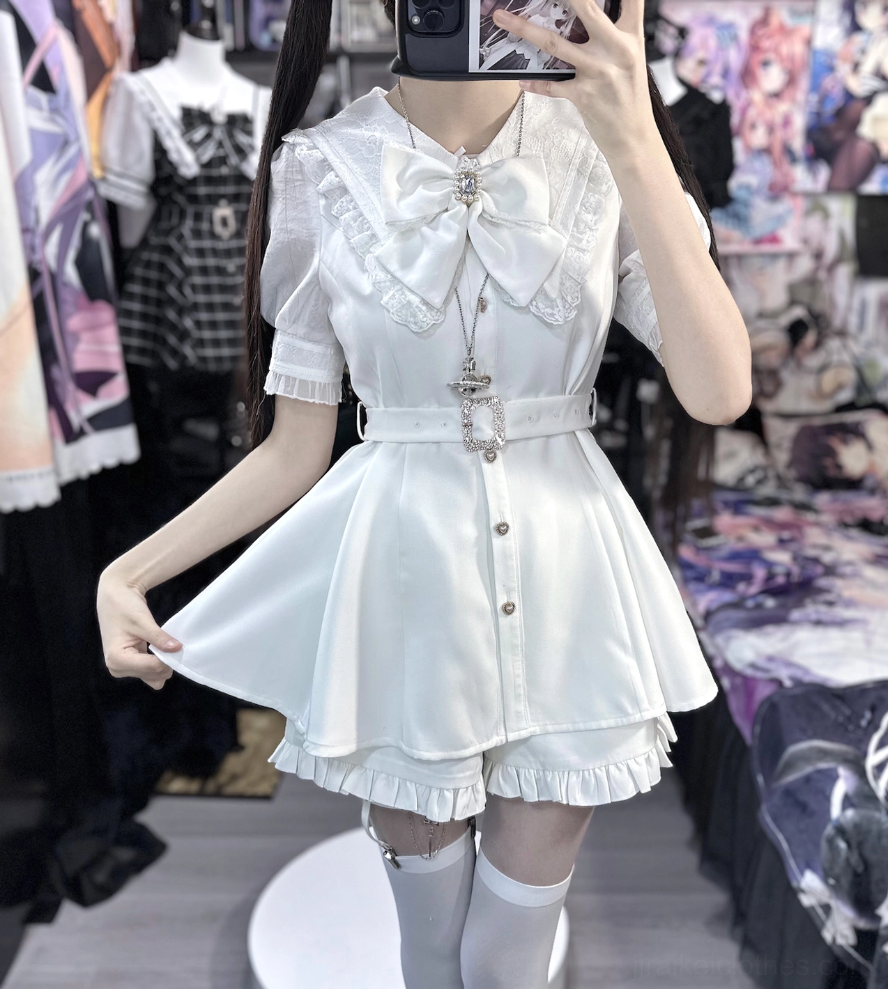 White sailor collar Jirai Kei two-piece set with satin fabric ruffled shorts button placket side mirror selfie otaku bedroom