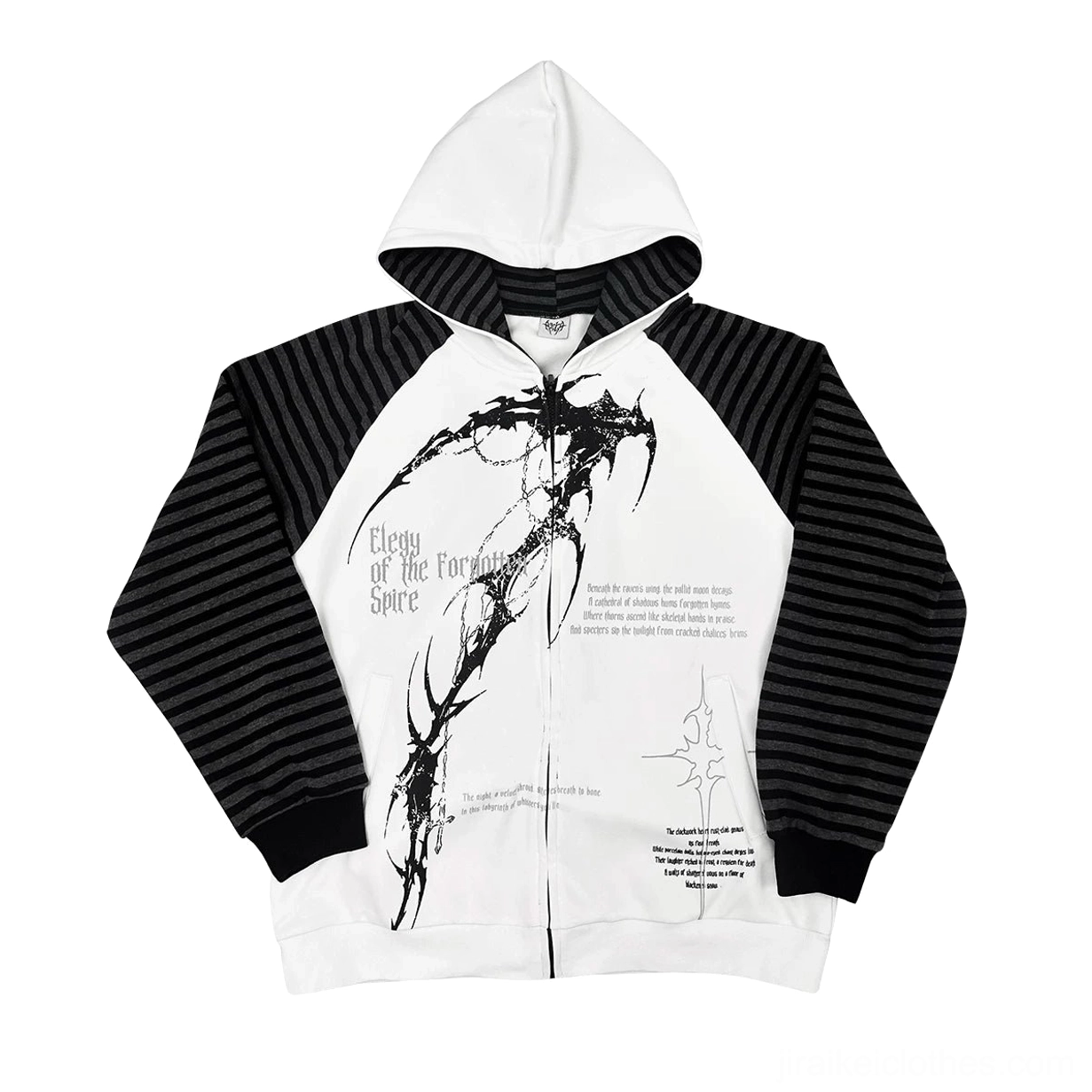 White hooded scythe print zip coat flat lay front view with grey striped raglan sleeves dark aesthetic Jirai Kei clothing