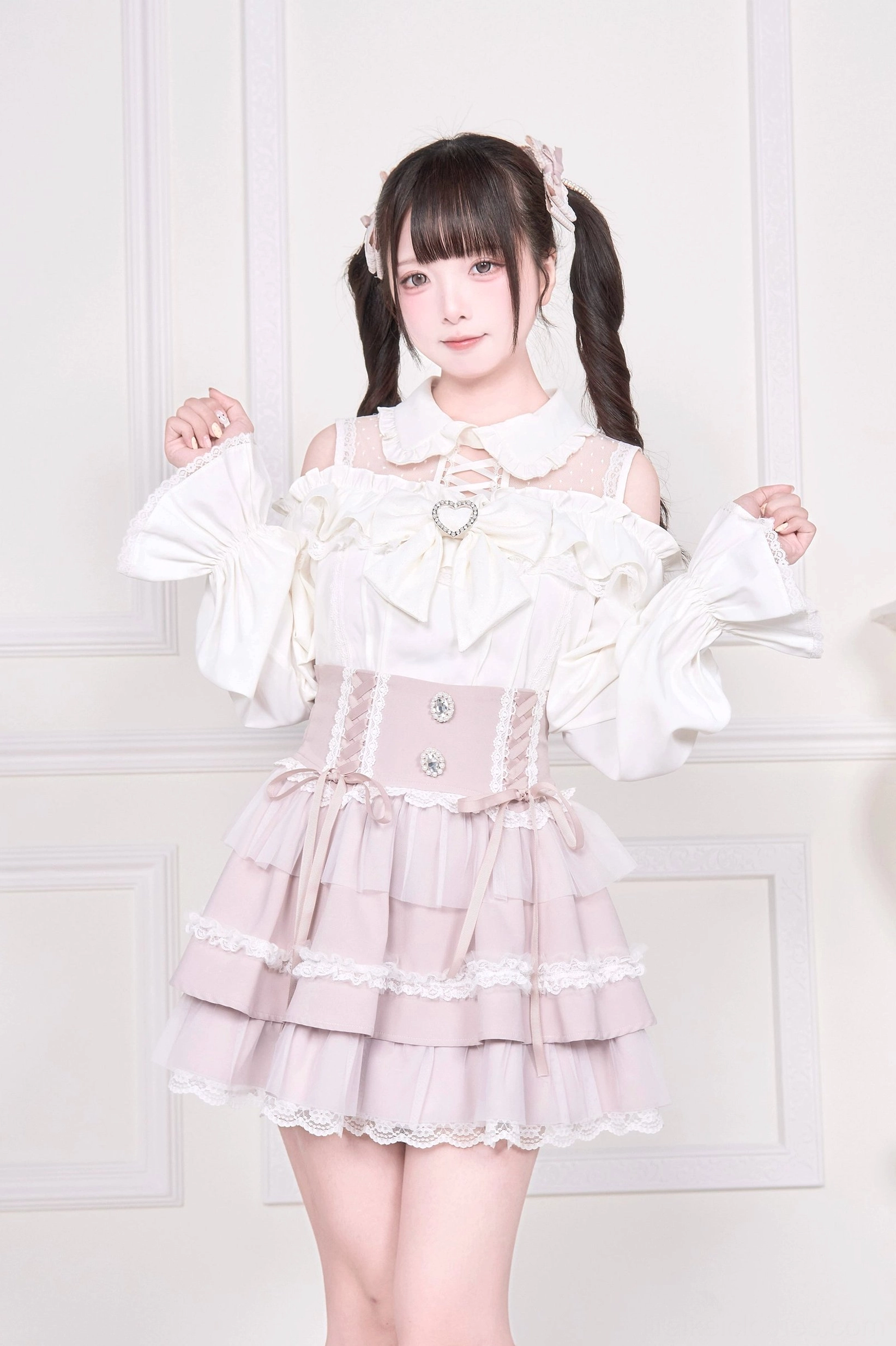 White sheer cold-shoulder Jirai Kei blouse with Peter Pan collar and puff sleeves full-body studio view