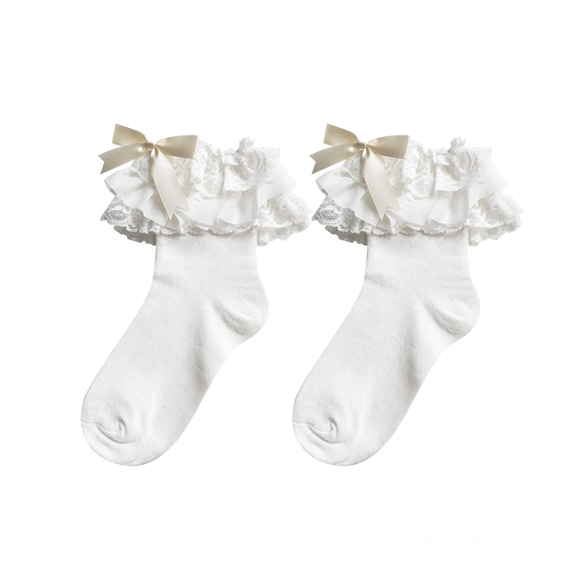 White short Jirai Kei mid-calf lace socks with ribbon bows layered frills pristine aesthetic classic romantic