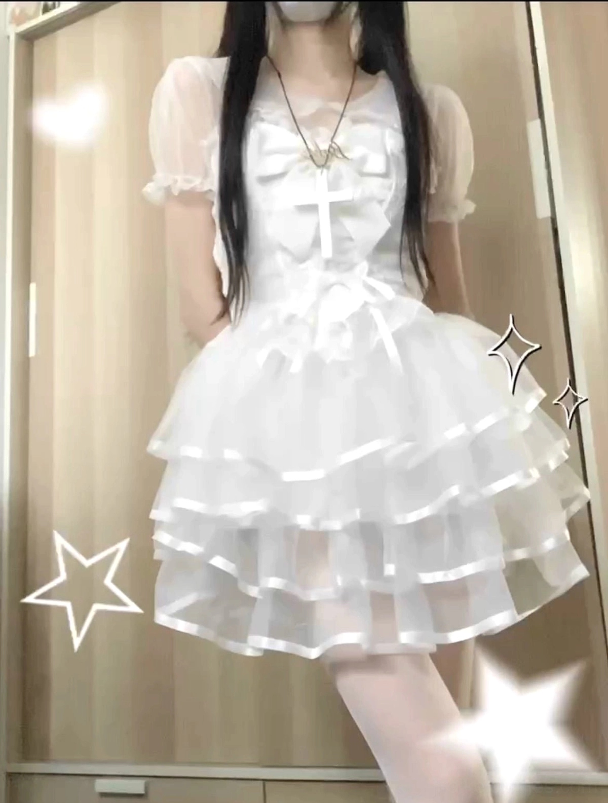 White sweet Jirai Kei lolita dress set full-length mirror selfie with puff sheer sleeves big white bow and organza ruffle skirt