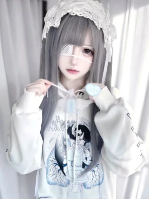 White tenshi kaiwai hoodie close-up front graphic showing angel wings and lung design with adjustable drawstring