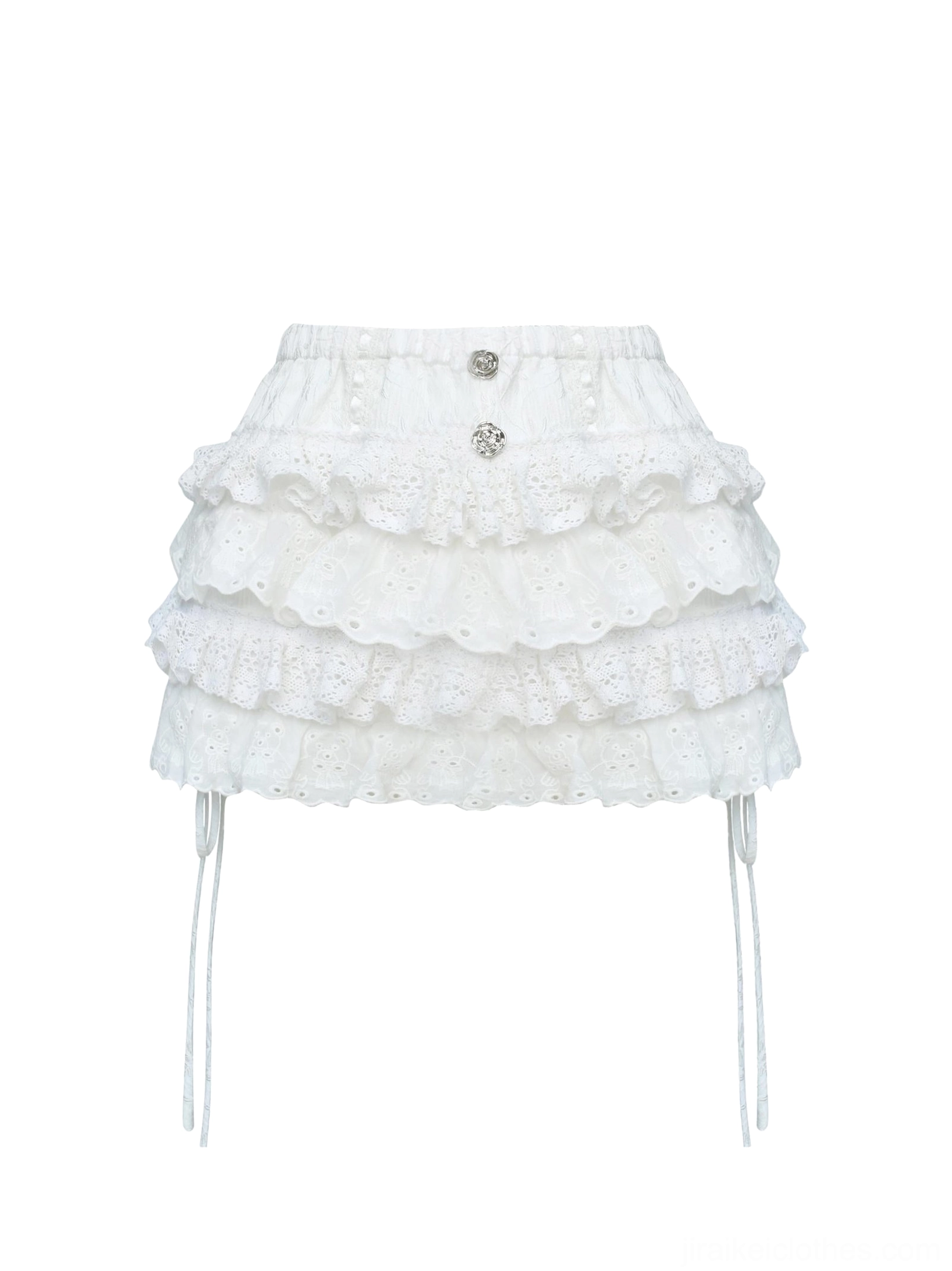 White tiered lace skort flat lay showing multi-layer ruffled design double buttons and drawstring side hem