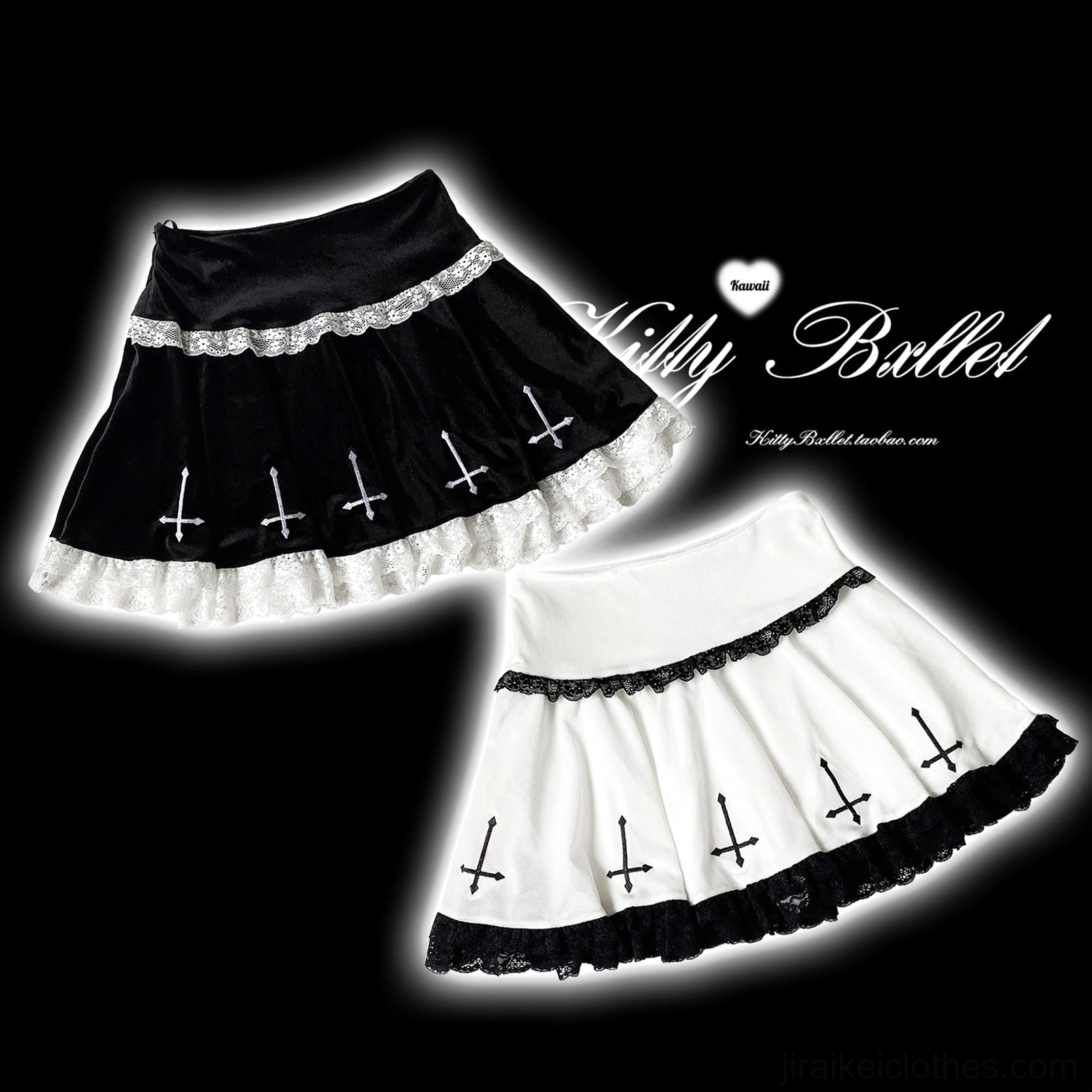 White velvet Jirai Kei lace skirt with black lace trims and black cross embroidery at ruffled hemline, flat lay studio photography