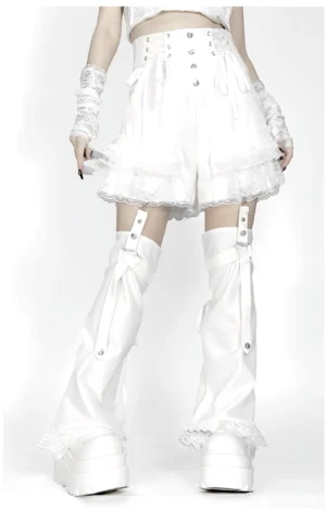 White Y2K Jirai Kei lace shorts with removable patchwork leg covers, front half-body display featuring high-waist design with decorative buttons and layered ruffled lace hem