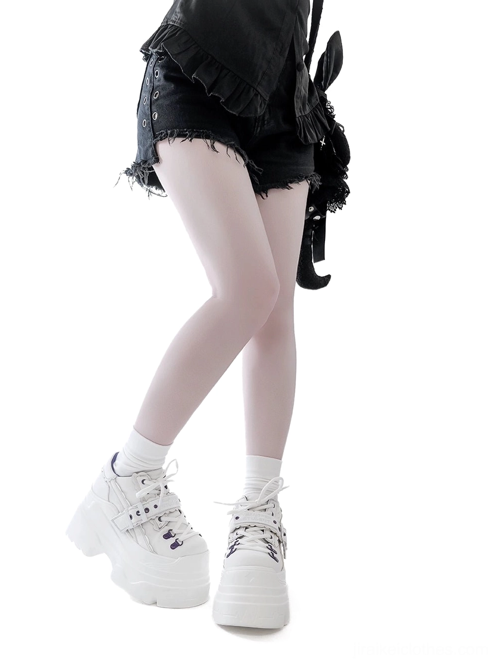 White Y2K jirai kei platform shoes full product view showing round-toe silhouette, lightweight PU sole, and purple eyelet design elements