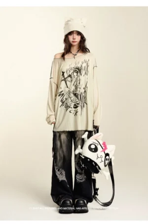 Wide-leg distressed cargo denim paired with off-shoulder loose beige top and knit beanie, complete Jirai Kei outfit inspiration with tote bag accessory