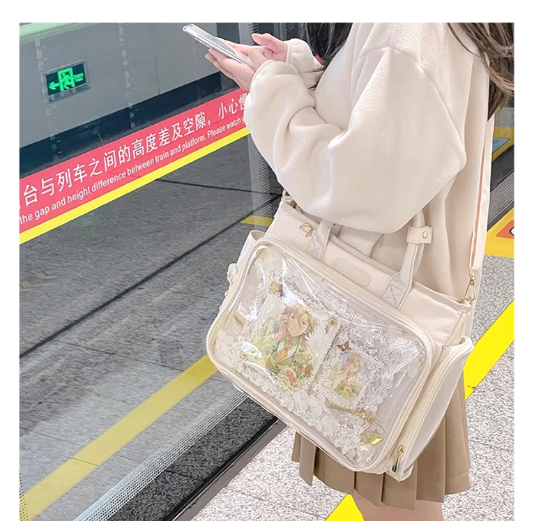 Wine red Jirai Kei itabag elegant edgy subculture vibes transparent anime character window