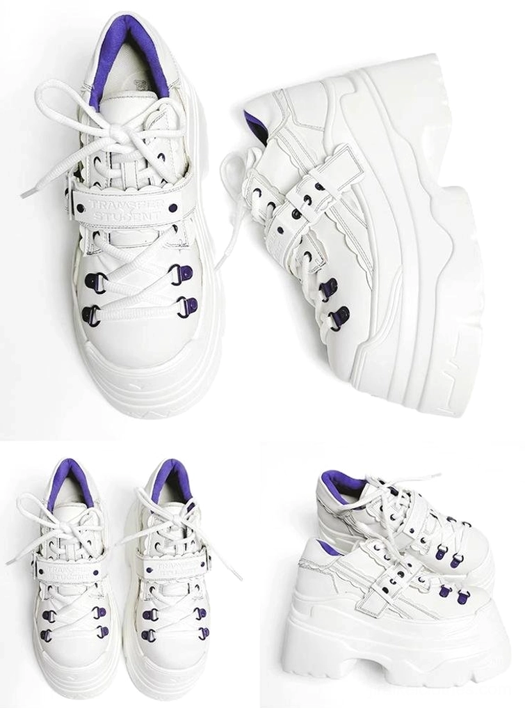 Colorway comparison of Y2K jirai kei platform shoes black and white versions, flat lay display showing chunky soles and purple eyelet details