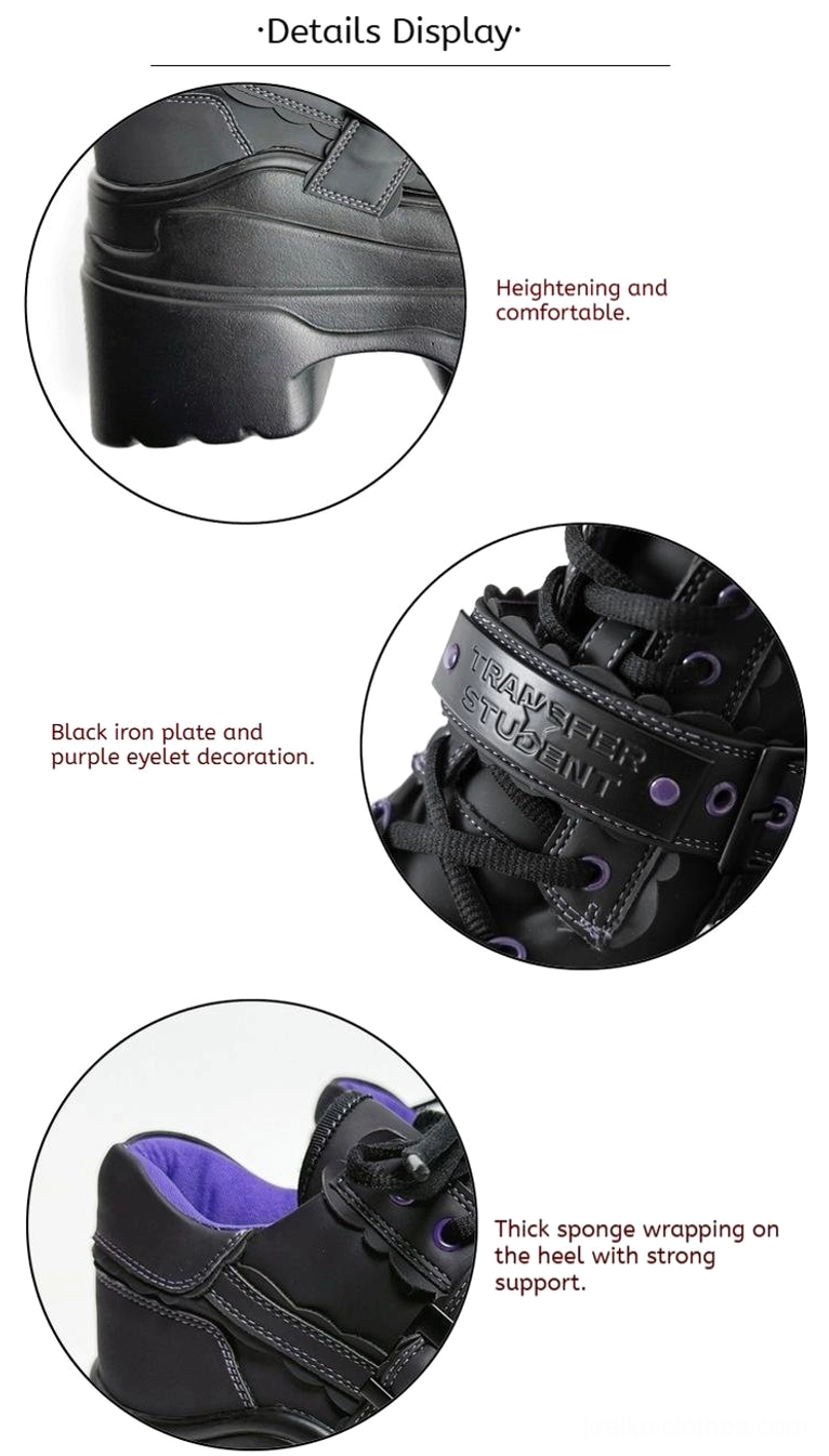 Y2K jirai kei platform shoes detail close-ups showing heightened comfortable sole, black plate with purple eyelet trim, padded heel support structure