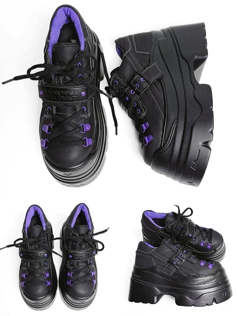 Black and white Y2K jirai kei platform shoes flat lay product shots showing leather upper, purple lining, strap buckle, and purple eyelet hardware