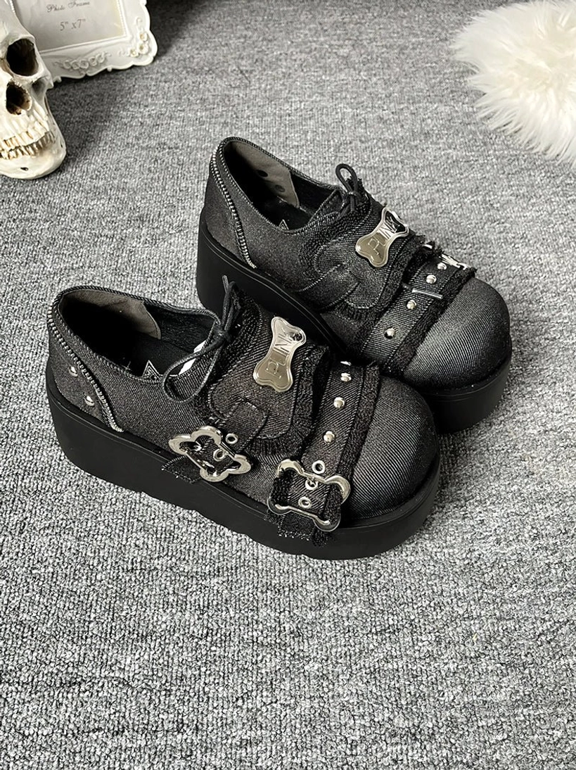 Y2K jirai kei punk platform slip-on denim black variant bone buckles metal rivets waterproof denim material flat lay