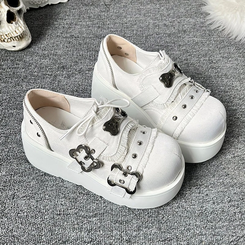 Y2K jirai kei punk platform slip-on denim white variant close-up bone buckles English letter engravings metal details