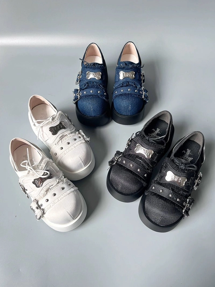 Y2K jirai kei punk platform slip-on shoes flat lay all four colors denim blue white black patent leather bone buckle metal details