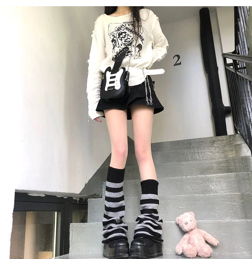 Y2K Jirai Kei striped leg warmers detail close-up knitted texture slouchy construction multiple color options available