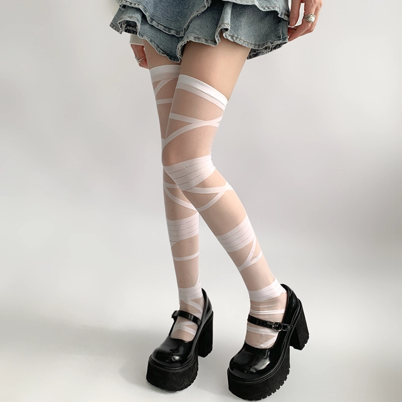 Y2K Jirai Kei strappy thigh-high sheer socks front straight leg view with white crisscross strap details paired with denim mini skirt and platform Mary Janes