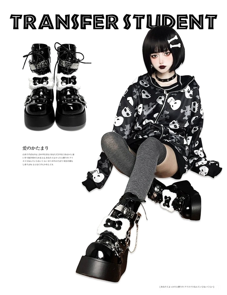 Y2K style platform Martin boots composite display with model wear, metal hardware, thick platform heel, round closed toe on model in printed hoodie and grey stockings