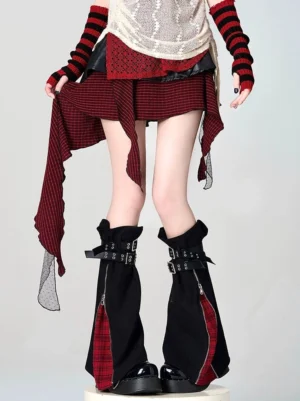 Y2K punk leg warmer left three-quarter angle showing side zipper detail rolled cuff and buckle fasteners grunge style