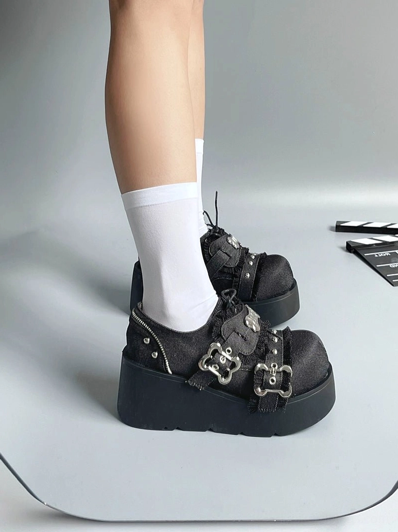 Y2K punk platform loafers jirai kei side profile thick platform sole bone metal rivets decorative buckles