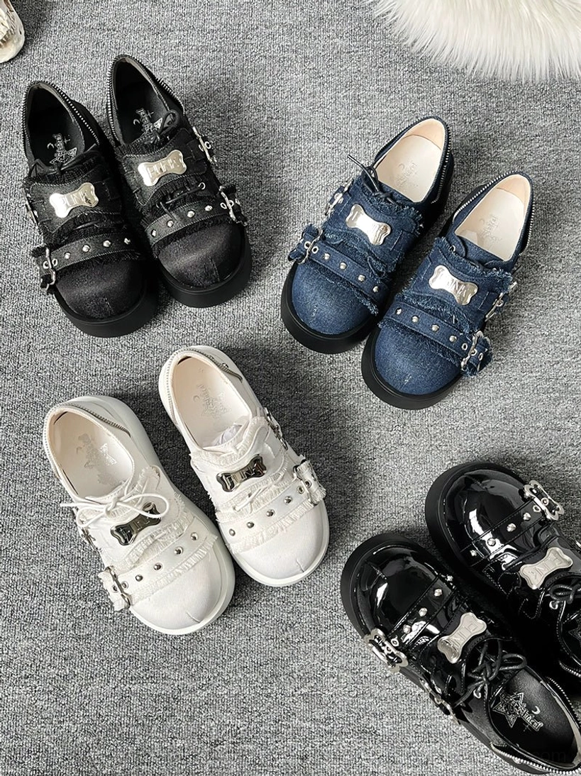 Y2K punk platform shoes jirai kei four color variants patent black matte black white denim blue studio flat lay bone decorations