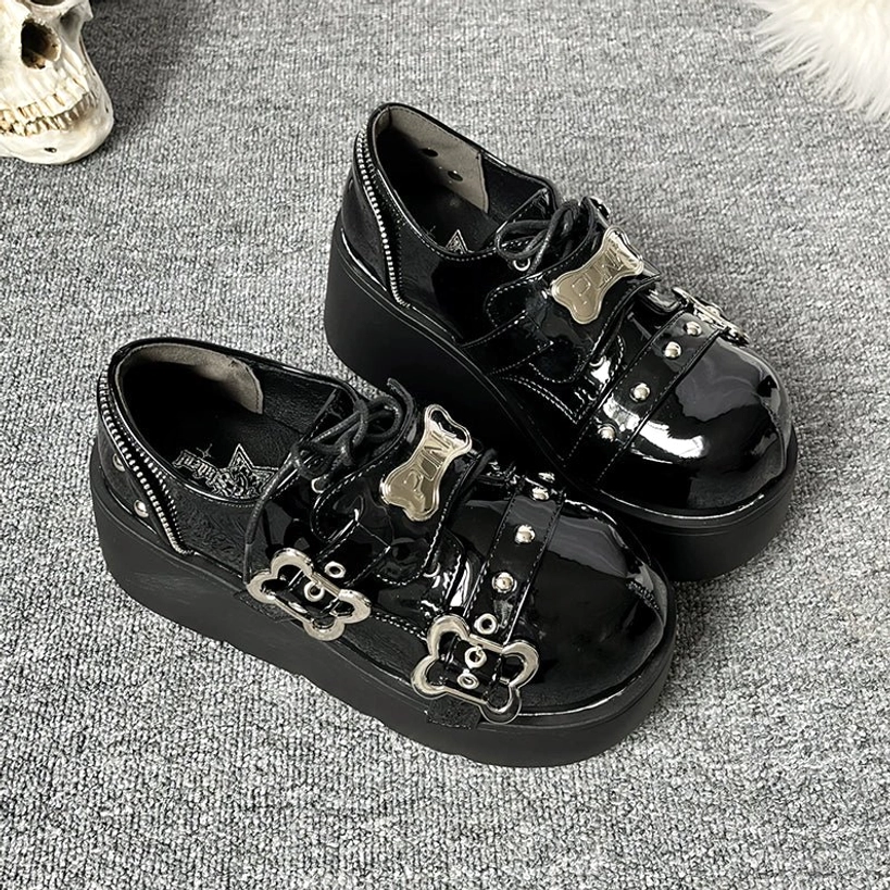 Y2K punk platform slip-on jirai kei patent leather black luxe rebellion high-shine chaos energy visual kei