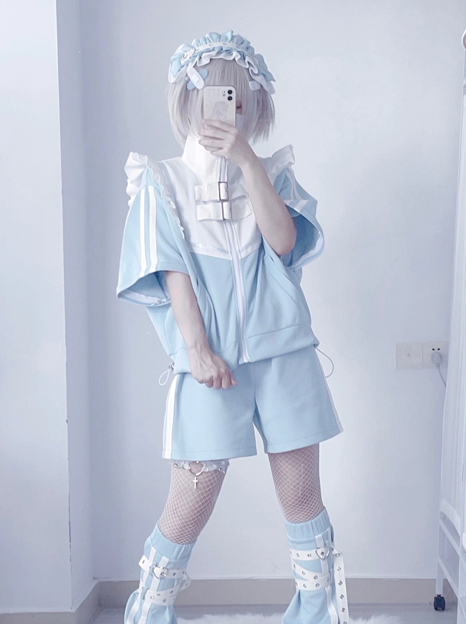 Y2K street jacket short sleeves high ruffled collar standing mirror selfie front view model with frilly hairband matching shorts