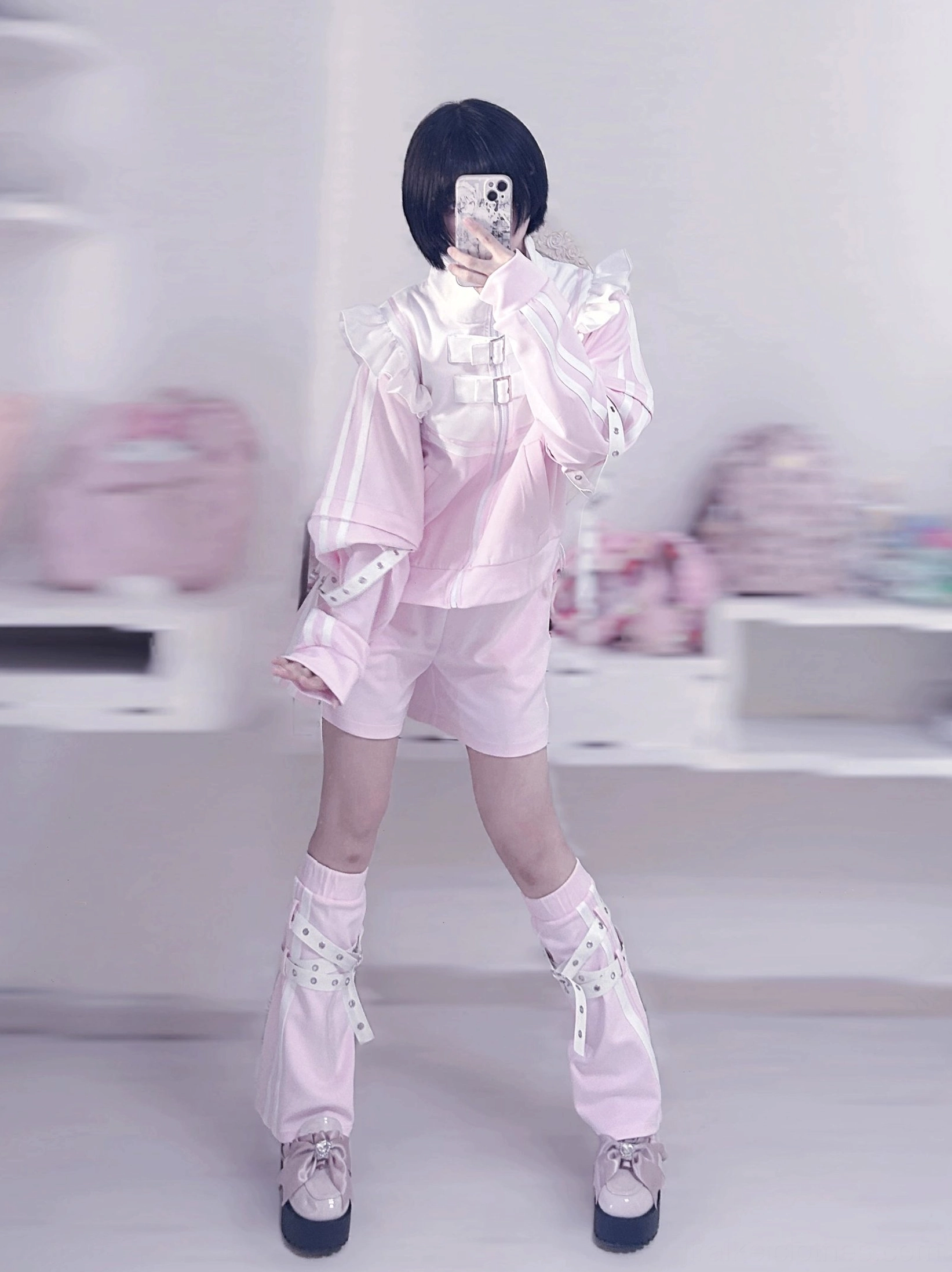 Y2K Tenshi Kaiwai shorts elastic waist side pockets matching jacket ensemble fashion coordinate