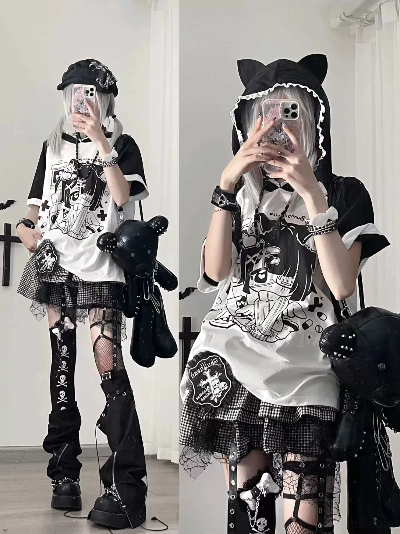 Two otaku girls wearing black and cyan yami kawaii cat ear hooded anime graphic tees with loose raglan sleeves, full-length mirror selfie showing complete subculture outfit styling