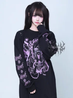 Black and purple anime graphic gothic long-sleeve tee with shoulder cutout zipper detail loose fit front angle