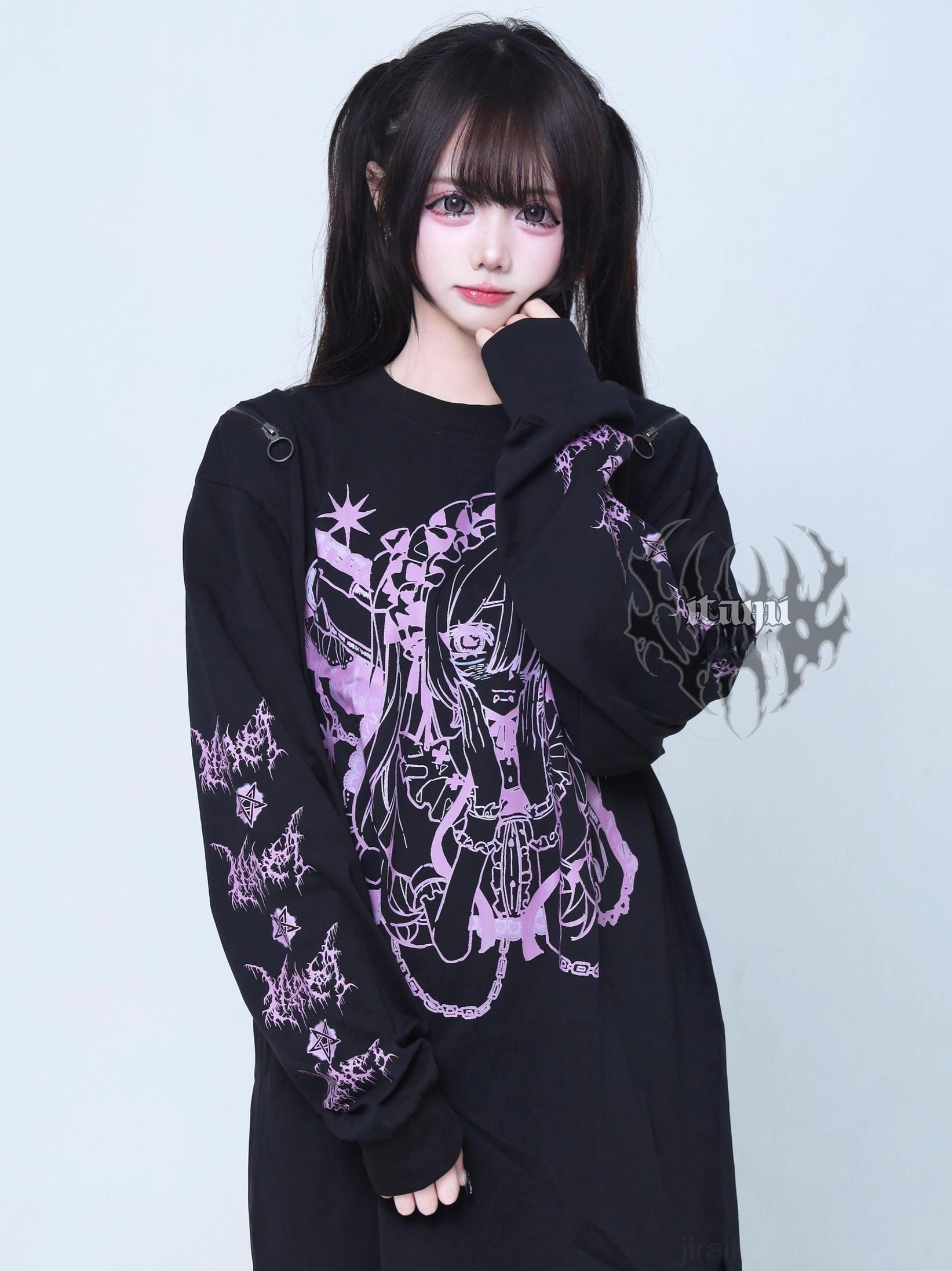 Black and purple anime graphic gothic long-sleeve tee with shoulder cutout zipper detail loose fit front angle